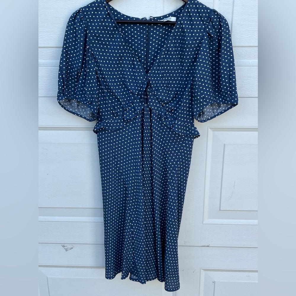 Madewell Puff-Sleeve Ruffle Mini Dress in Polka Dot Blue White 6